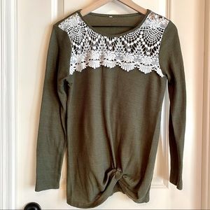 Green Long-Sleeve Top w/ White Crochet overlay (S)
